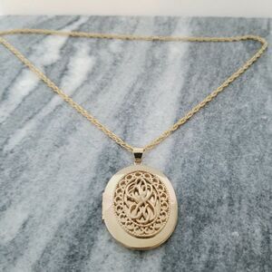 Vintage Large Gold Tone Oval Locket with Filigree Design, Long Chain, Unsigned,